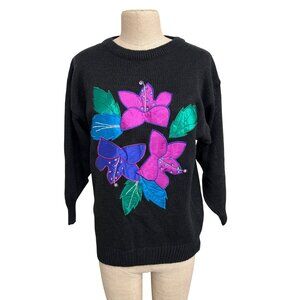 Vintage Black Knit Sweater With Vibrant Floral Appliqués Rhinestone Accents Size